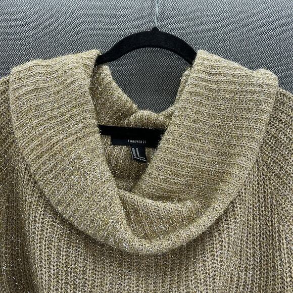 Forever 21‎ Gold Silver Cropped Oversized Cowl Neck Tinsel Knit Sweater Size M - Picture 2 of 8